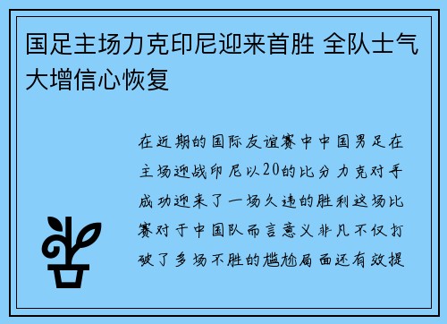国足主场力克印尼迎来首胜 全队士气大增信心恢复